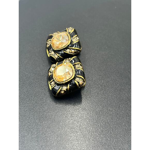 Heidi Daus Vintage Black Enamel Sparkling Yellow Crystal Center Clip On Earrings - Picture 5 of 9
